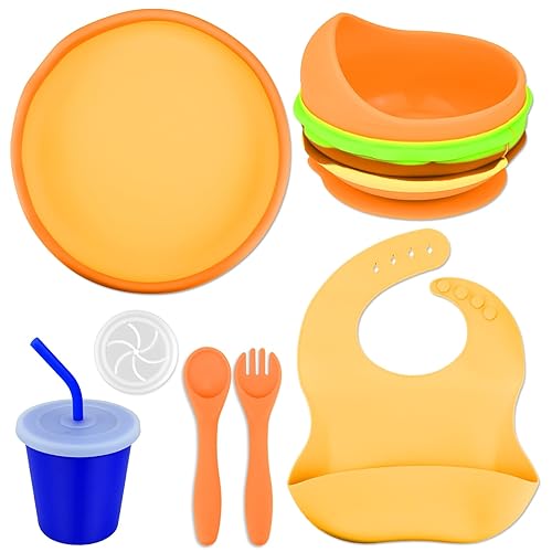 Juego de 12 piezas de suministros de destete de silicona para bebés, juego de platos de succión para bebés, juego de cuencos ajustables para bebés,