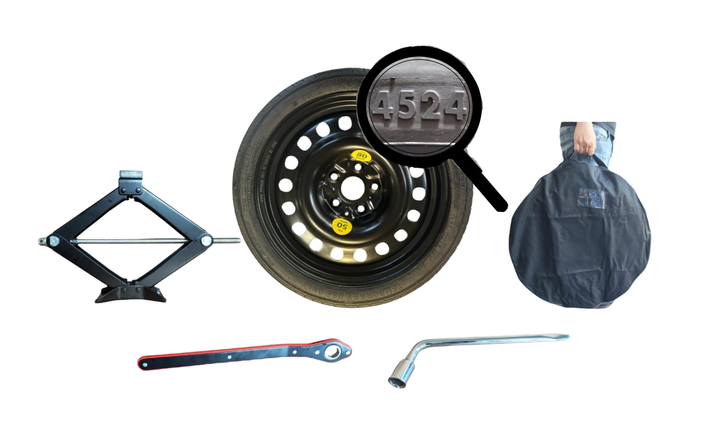 Kit Ruotino di Scorta 17" compatibile con Renault Captur (2" serie 5 Fori diametro ruotino 63x63x13cm) con Cric, Chiave e sacca