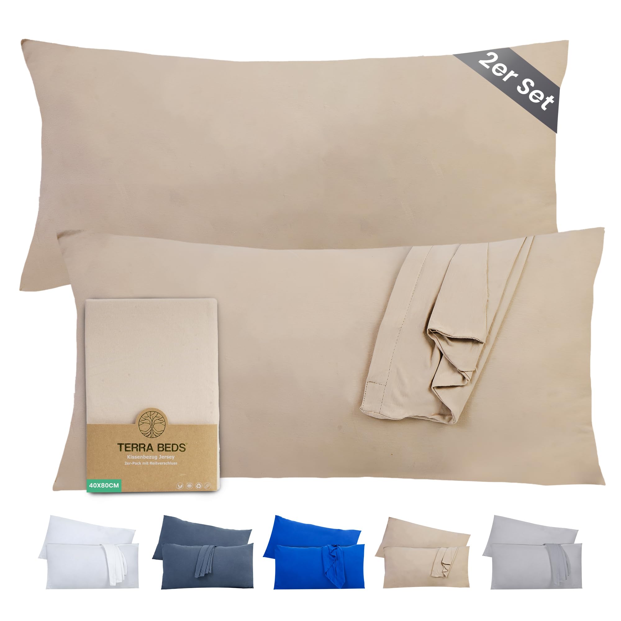 Terra Beds Kissenbezug Baumwolle Jersey 160 g/m² - Kopfkissenbezug 2er-Set mit Reißverschluss, dehnbarem gestricktem Stoff, atmungsaktiv