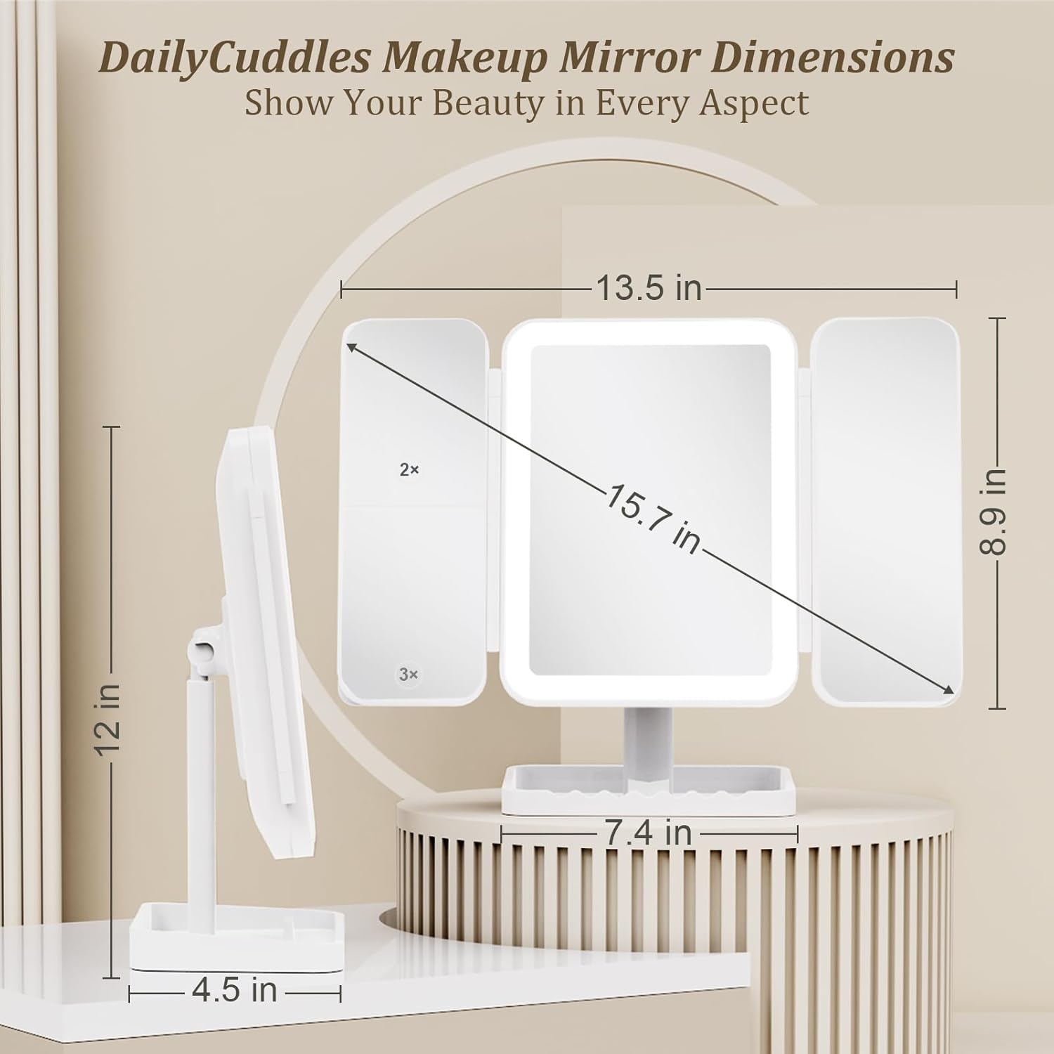 Makeup Mirror Vanity Mirror with Lights, 3 Color Lighting Modes, 1X/2X/3X Magnification, Tri-fold, 360° Rotation, Phone Holder for Makeup, 2000mAh Rechargeable, Bedroom, Bathroom, (White) - Image 8