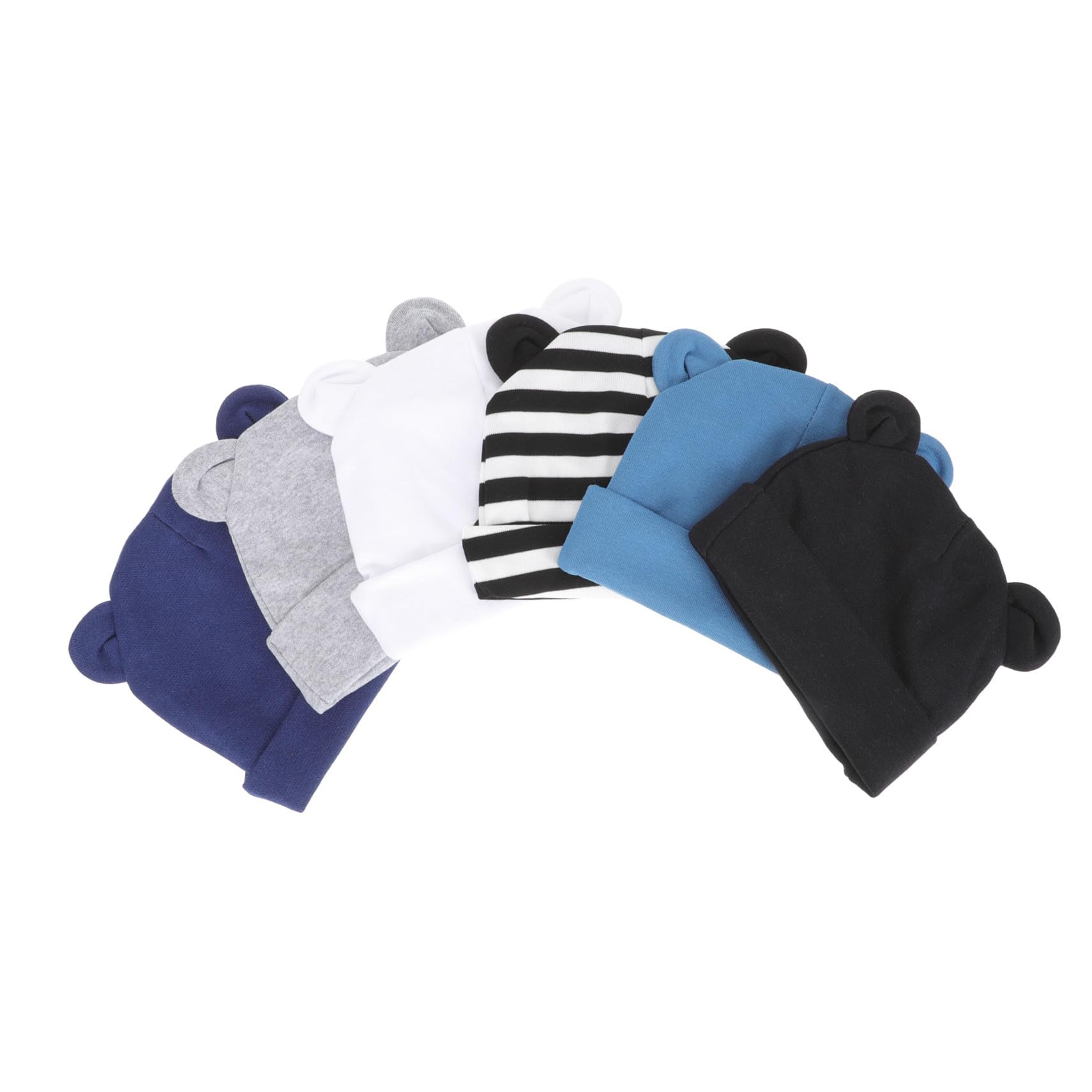 Beaupretty 6 Piezas Sombreros de Algodón para Bebés Conjunto Diseño de Orejas Gorras Unisex para Recién Nacidos Negro Gris Azul Marino Azul Vaquero Rayas Sombreros Transpirables y para