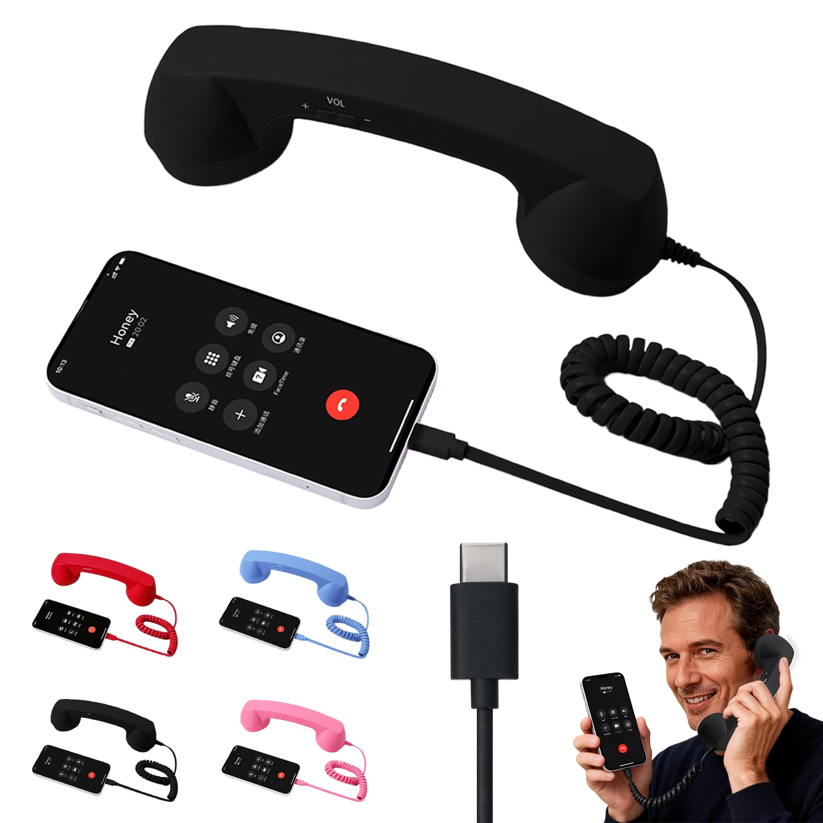 Retro Phone Handset for iPhone & Android, 2026 New Type-C Wired Receiver with Microphone & Speaker, Vintage Landline Style Handle for Noise Cancelling Calls, Meetings, and Home Office Desk Use