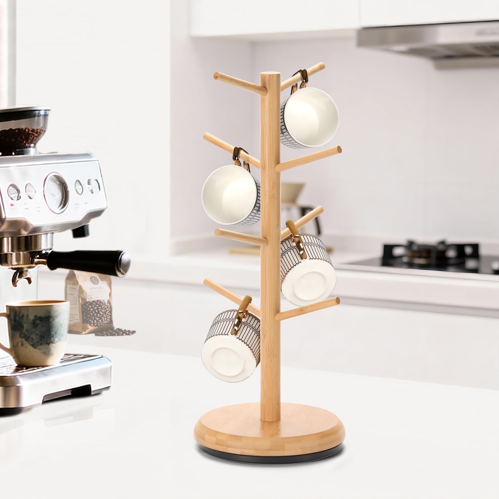 BAMBANG Albero porta tazze, girevole a 360°, 8 ganci, supporto per tazze da caffè per piano di lavoro, in bambù, per cucina e casa, naturale