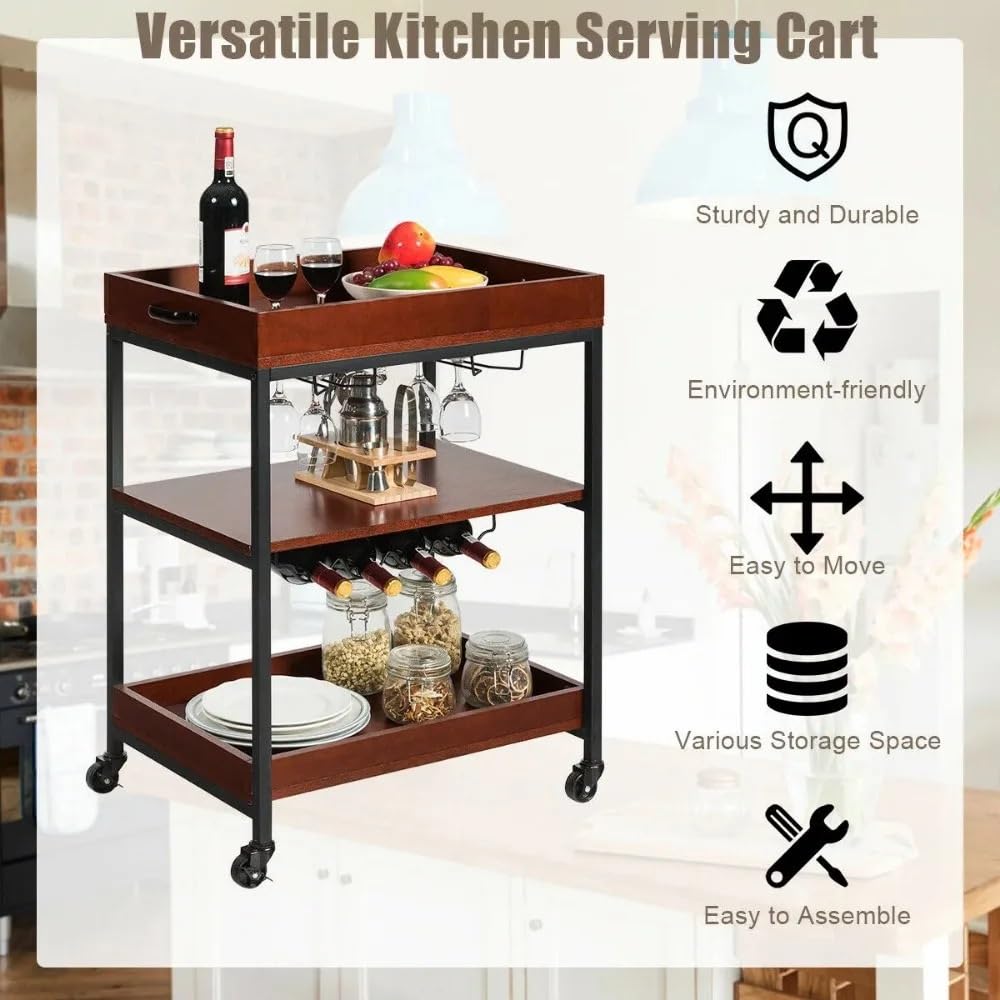 Magazzinaggio Carrello carrello a 3 livelli, bar cucina ad isola con portabicchieri e portabottiglie, mobili da