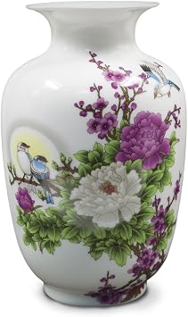 Dahlia Famille Rose Flower Vase, Handmade Chinese Porcelain, Birds in Peony, Melon Shape 8.5 Inches