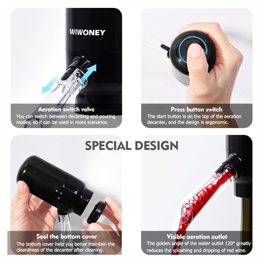 Aeratore per Vino con Decanter Elettrico, Versatore Elettrico Vino, Dispenser Vino Automatico con Due Tubi di Collegamento in Silicone, Nero