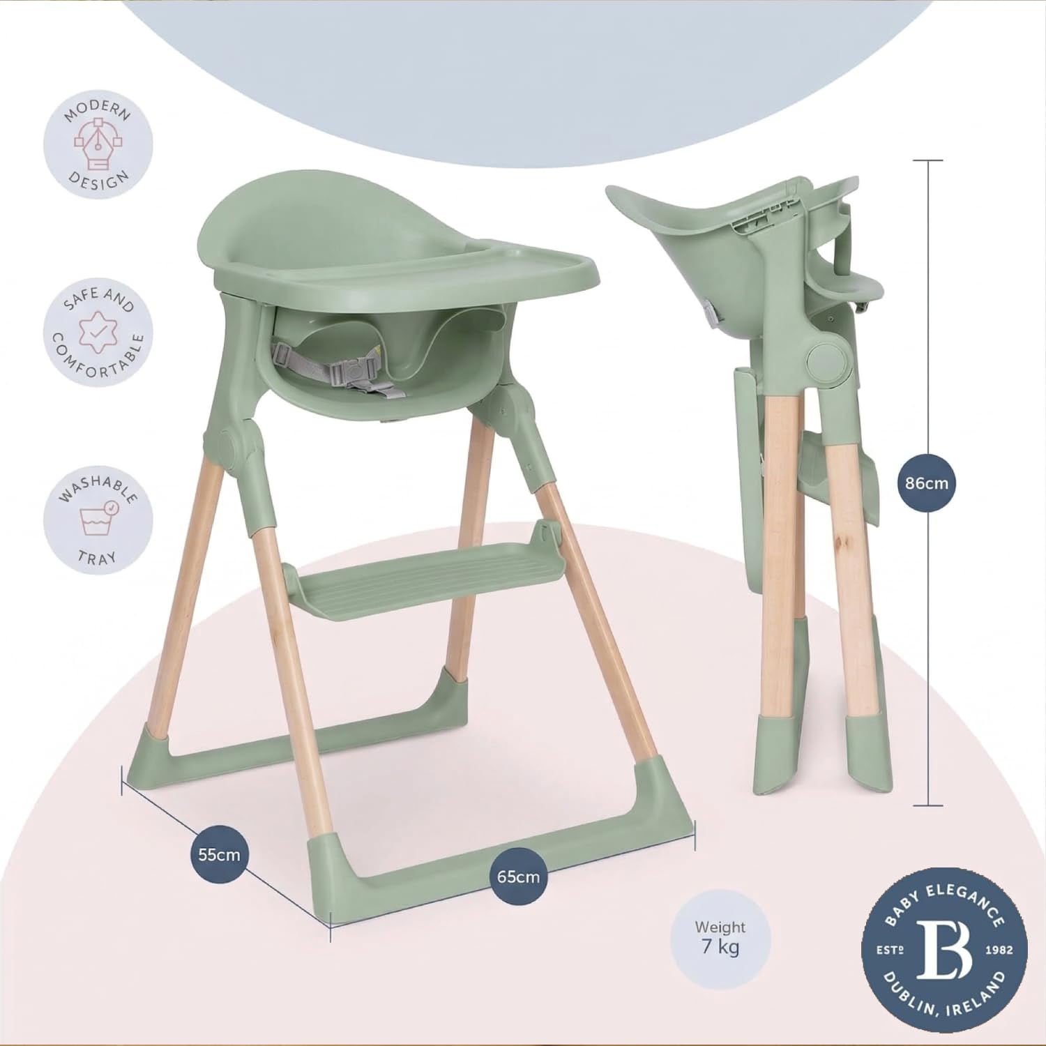 Mash - Trona de Baby Elegance | Trona salvia para bebés y niños pequeños con reposapiés ajustable, bandeja extraíble y almohadilla de asiento | Plegable y portátil