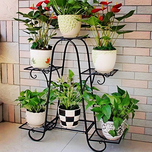 Zwarte 6-laags plantenpot houder binnen en buiten metalen plant display rack meerlaags terras tuin decoratie rek - Afbeelding 5