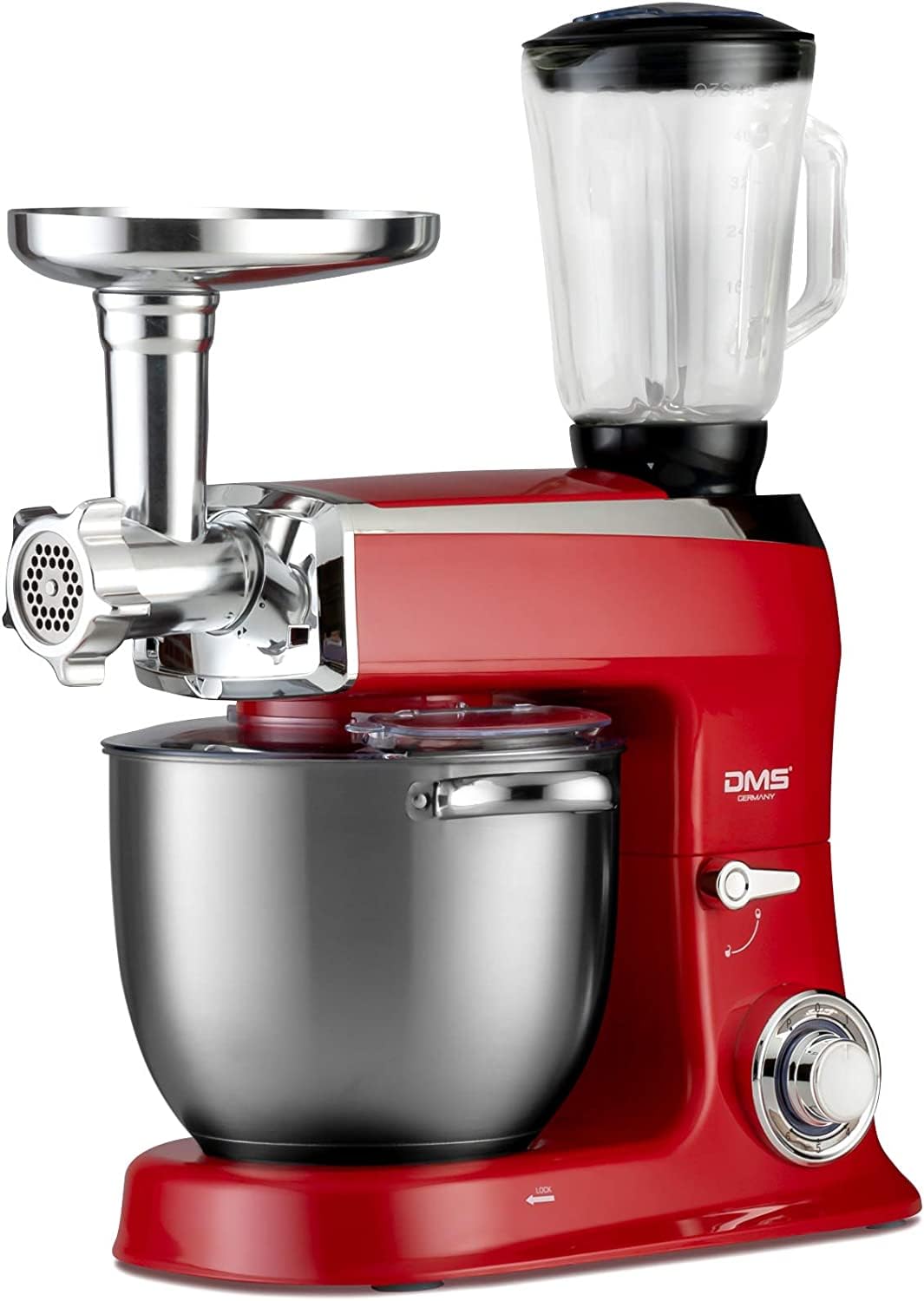 ROYALTY LINE, Procesador de Alimentos Multifunción 2100W Rojo RLPKM2100-RED, Tazón de Acero Inoxidable 7.5L, Accesorios Incluidos: Batidor, Batidor, Gancho, Protección contra Salpicaduras