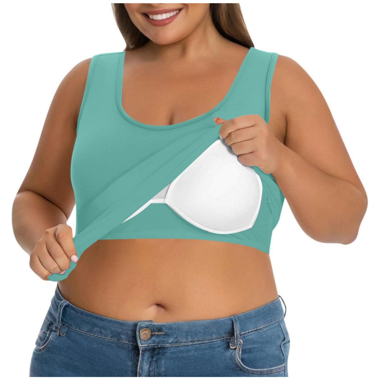 Tank Top Damen BH Hemdchen Ohne Bügel,U Ausschnitt Ärmelloses Shirt Einfarbig Yoga Trägertop,Sommer Oberteil Große Größen Unterhemd mit BH Integriert,Lässige Sporttop Basic Achselshirt für Frauen