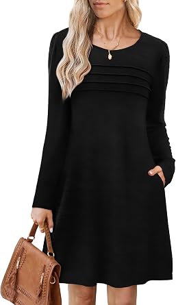 OFEEFAN Womens Long Sleeve Tunic Dress Fall Fashion Sweater Dress with Pockets Pleated Front Casual Winter