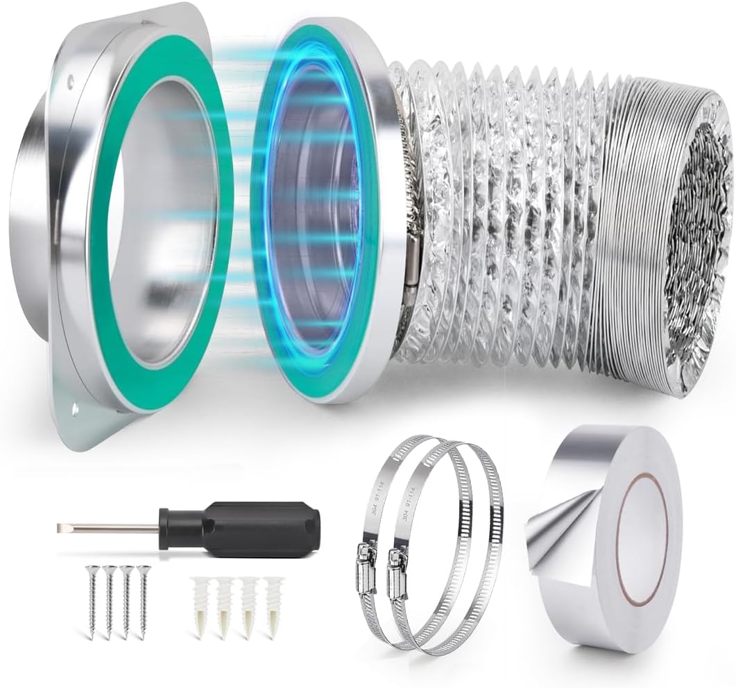 Magnetic Dryer Vent Connector Kit DV-180 – 4 Inch Quick-Connect Wall Adapter, 2.6 ft Aluminum Dryer Hose, Heat-Resistant Tape, Stainless-Steel Clamps – Space-Saving, Leak-Proof Venting System