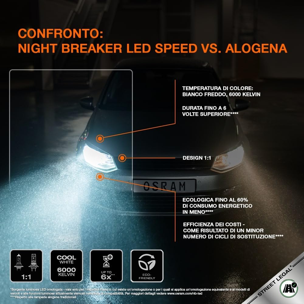 OSRAM NIGHT BREAKER LED SPEED H7 450 per moto, lampada LED retrofit per moto con omologazione stradale, fino al 450% di luminosità in più, 6000K, installazione rapida, LEDEC02 integrato, 1 lampada