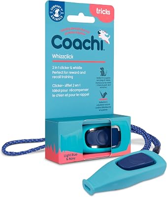 Company of Animals Coachi Whizzclick | Light Blue/Navy Button | 2-in-1 Combined Clicker and Whistle, Dog Training Whistle for Recall and Clicker Training for Rewarding, Adjustable Lanyard