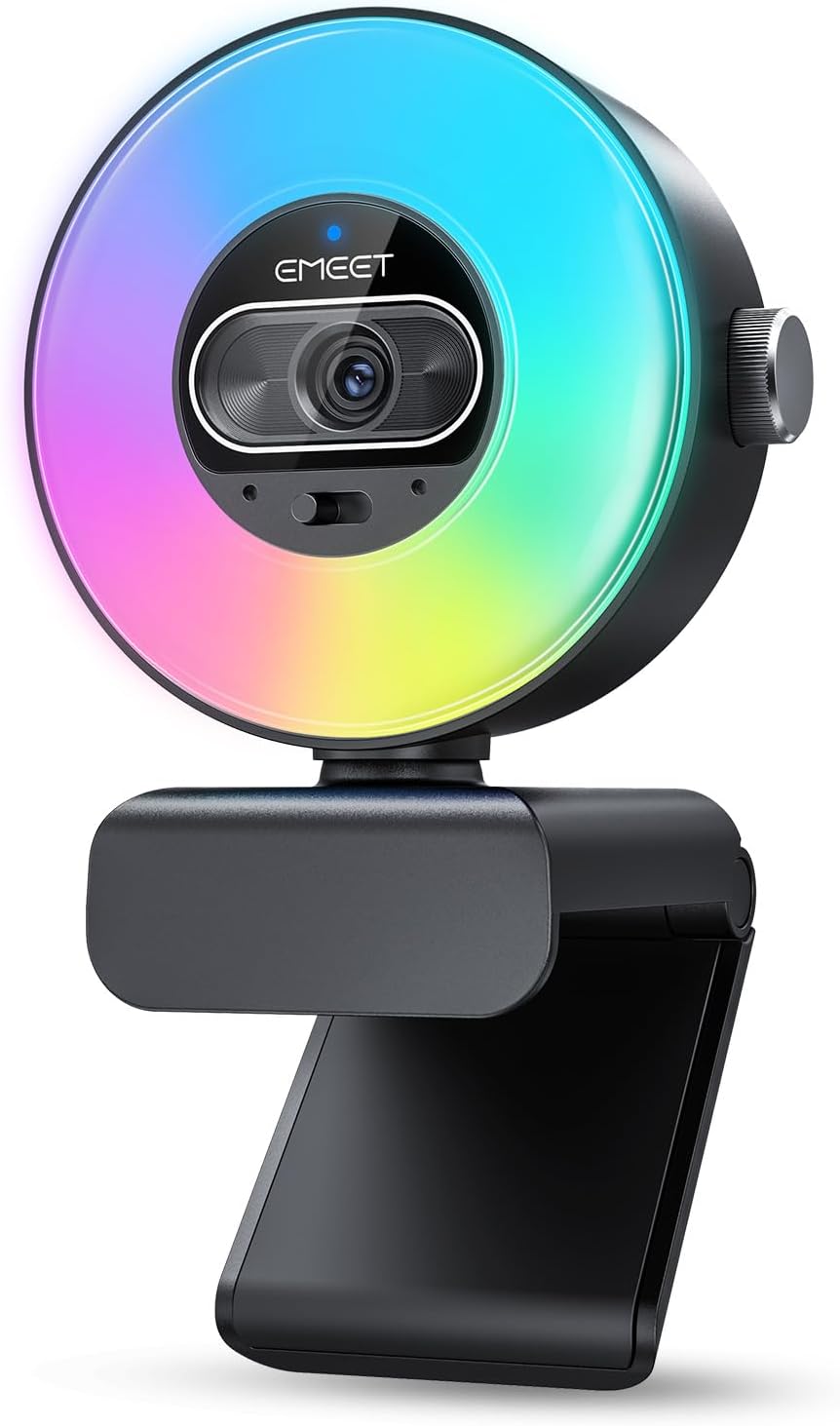 EMEET S600L 4K Webcam for Streaming with Ring Light, 4 Lighting Modes, Rainbow Effect, 1/2" Sensor, AI Imaging, 0.2S PDAF, 2 Mics, Dial Control, 4K Webcam with Light for OBS/Twitch/YouTube/Zoom/PC/Mac