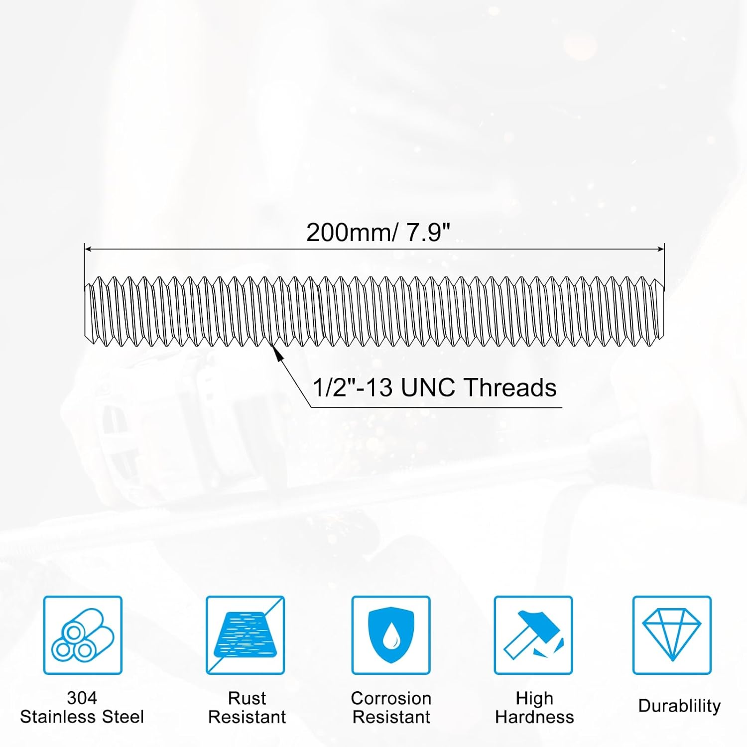 PATIKIL 1/2"-13 UNC 304 Stainless Steel Fully Threaded Rod, 7.9" Length Long Threaded Screw Right Hand Threads All Threaded Rod Studs for Anchoring Bolt, Clamps, Hangers and U-Bolts