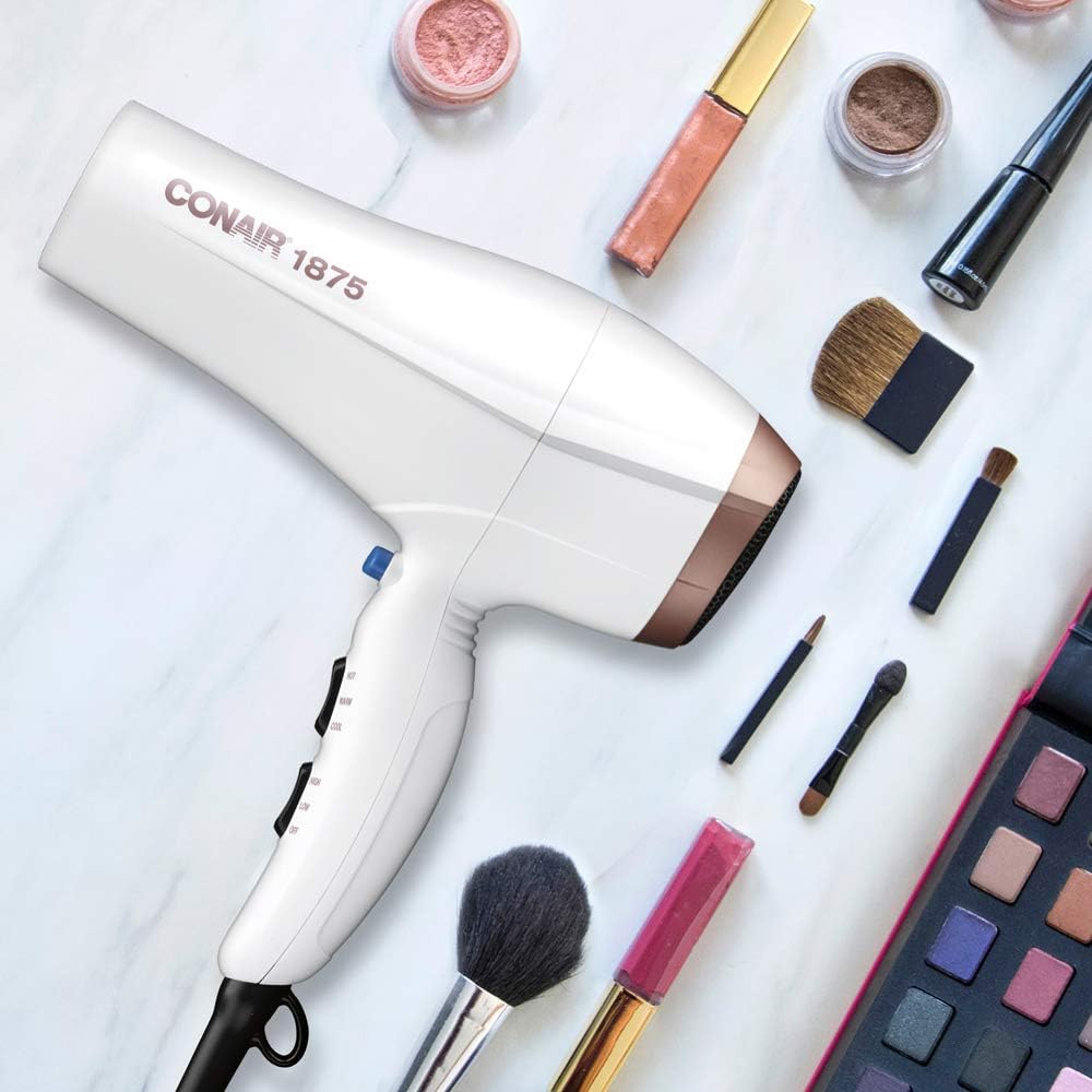Conair Double Ceramic 1875W Hair Dryer, 3 Heat/ 2 Speed Blow Dryer, Powerful and Fast Drying, Includes Concentrator, Cool Shot Button, Removable Filter, White, Travel hair dryer