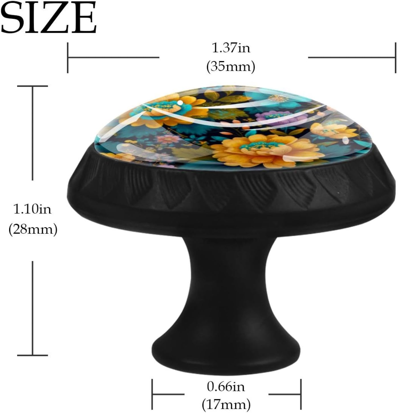 Black Textured Floral Vector Pattern Round Drawer Pulls, Glass Cabinet Knobs with Screws for Various Cabinets