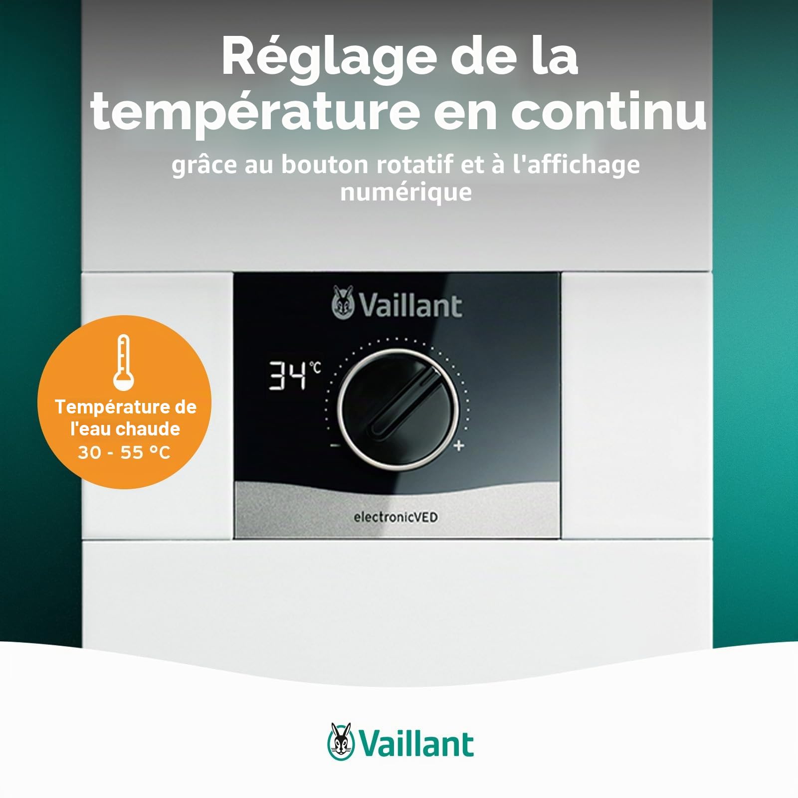 Vaillant VED E 24/8 Chauffe-eau électronique instantané résistant à la pression, 24 kW, 400 V, température de sortie précise, réglable en continu, affichage numérique, 0010023779