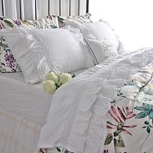QSH Luxury Eyelet Lace Ruffle Sheets Set King Size French Country Bedding 100% Washed Cotton Shabby Bed Sheet 4pcs Deep Pockets Ruffled Bed Sheets