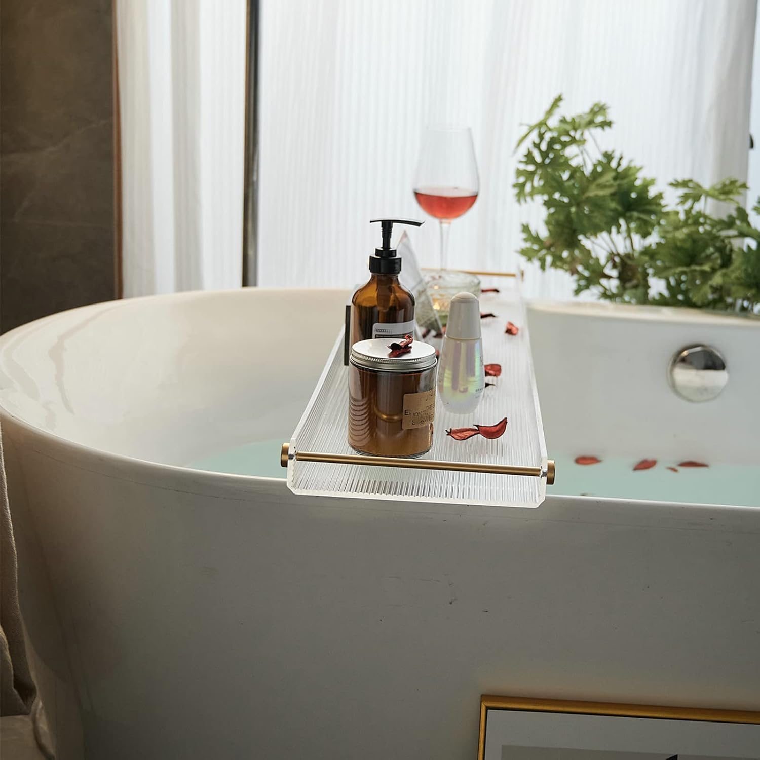 Acrylic Bathtub Tray, NEWRAIN Luxury Bath Caddy Tub Table,Unique House Warming Gifts, New Home, Anniversary and Wedding Gifts for Couple, Bathroom Accessories for Spa or Reading Lite Style