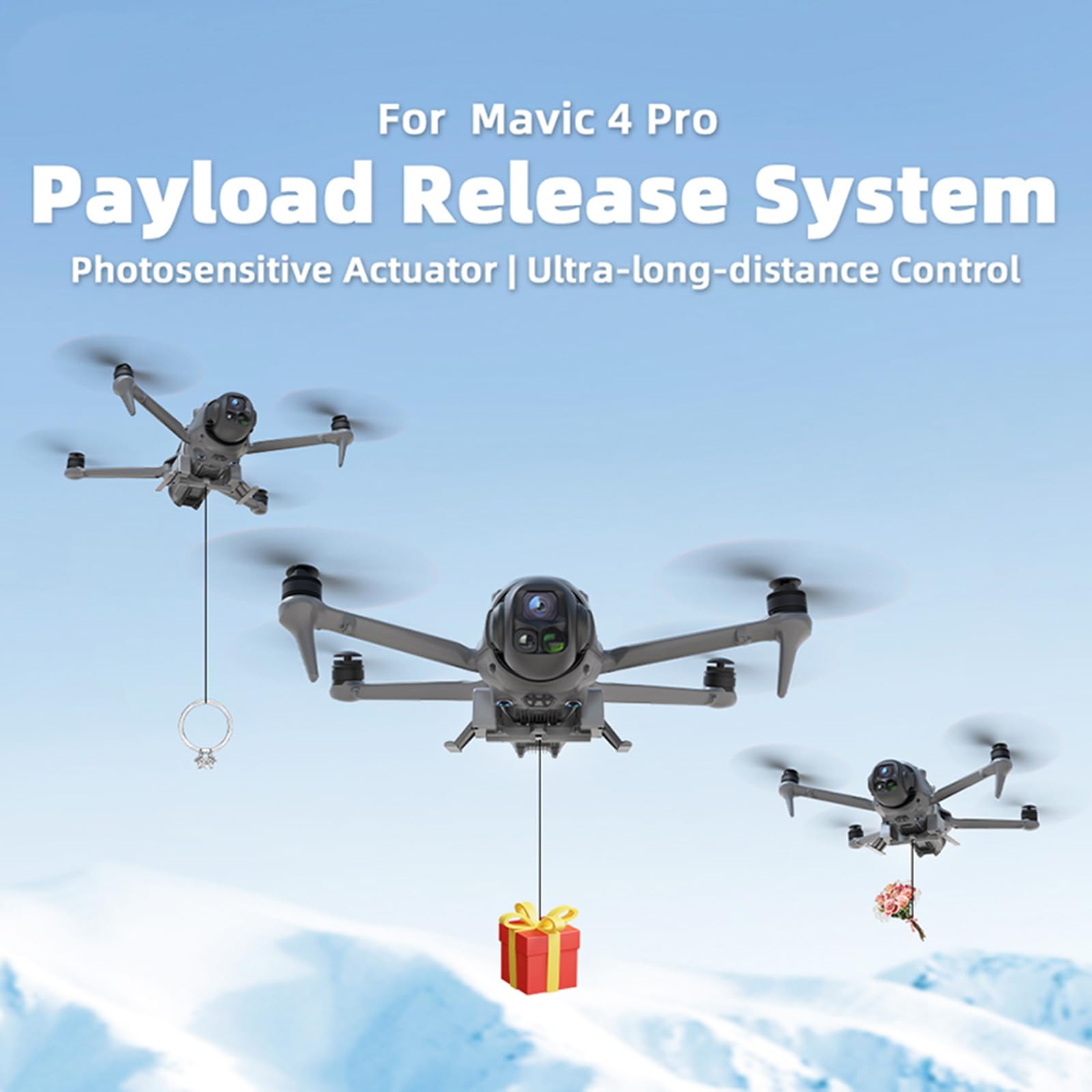 Drone Airdrop System con carrello di atterraggio per DJI Mavic 4 Pro, Payload Release Delivery Drone Trasporto Dropping Anello nuziale Lanciatore Regalo Esca da pesca Clip Accessori di