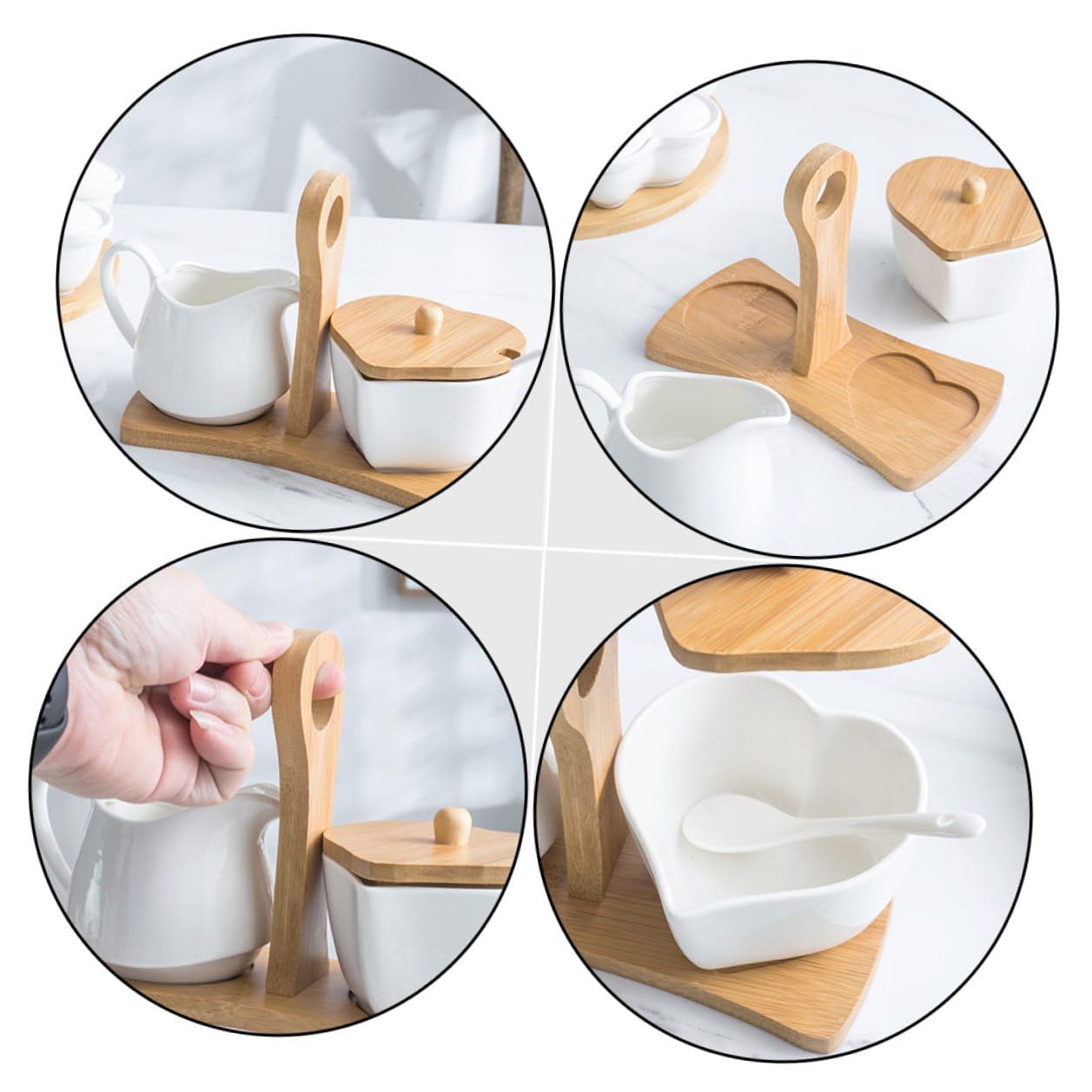 Artibetter Sucrier Céramique Blanc avec Pot à Lait et Set de Rangement pour Maison avec Plateau Bambou Décoration et Fonctionnelle pour Cuisine