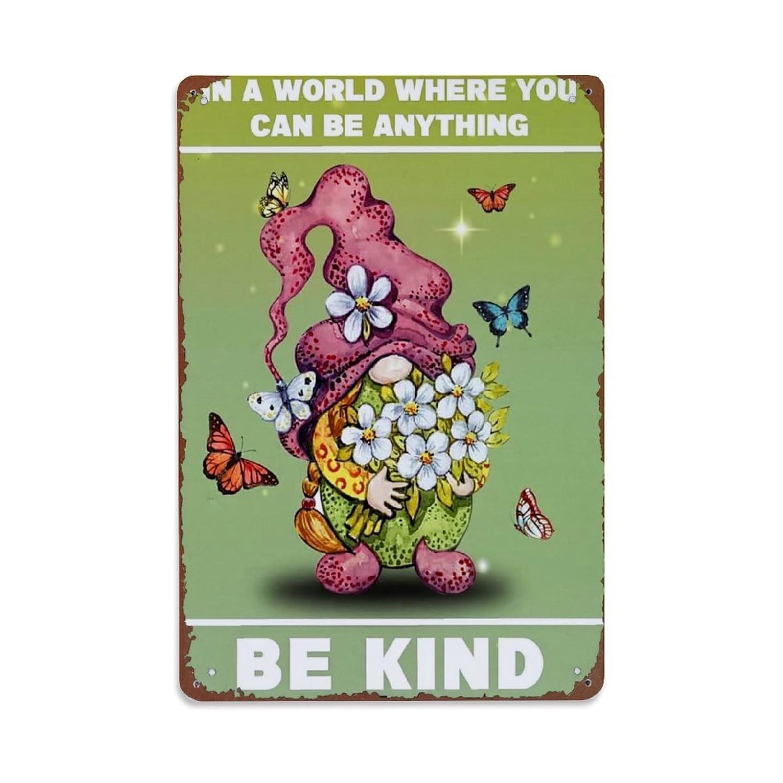 Jdfenggu Vintage Gnome Holding Flowers With Butterflies Retro Metal Tin Sign, Metal Poster For Bar, Home, Man Cave, Kitchen, Laundry Room Art Decor 8X12 Inch