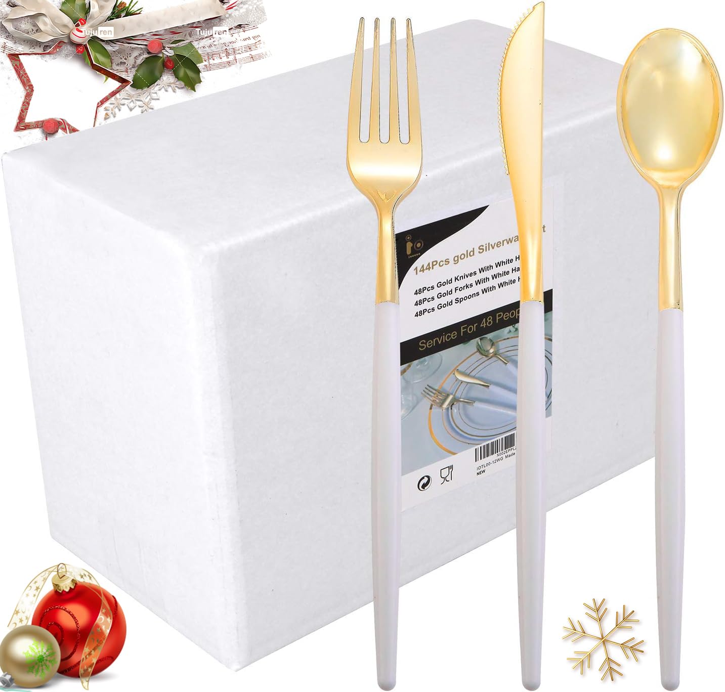 I00000 144Pcs Gold Plastic Silverware, Gold Plastic Utensils Set,Disposable Utensils Heavy Duty,Disposable Silverware Set Includes 48 Forks,48 Knives,48 Spoons for Wedding & Party
