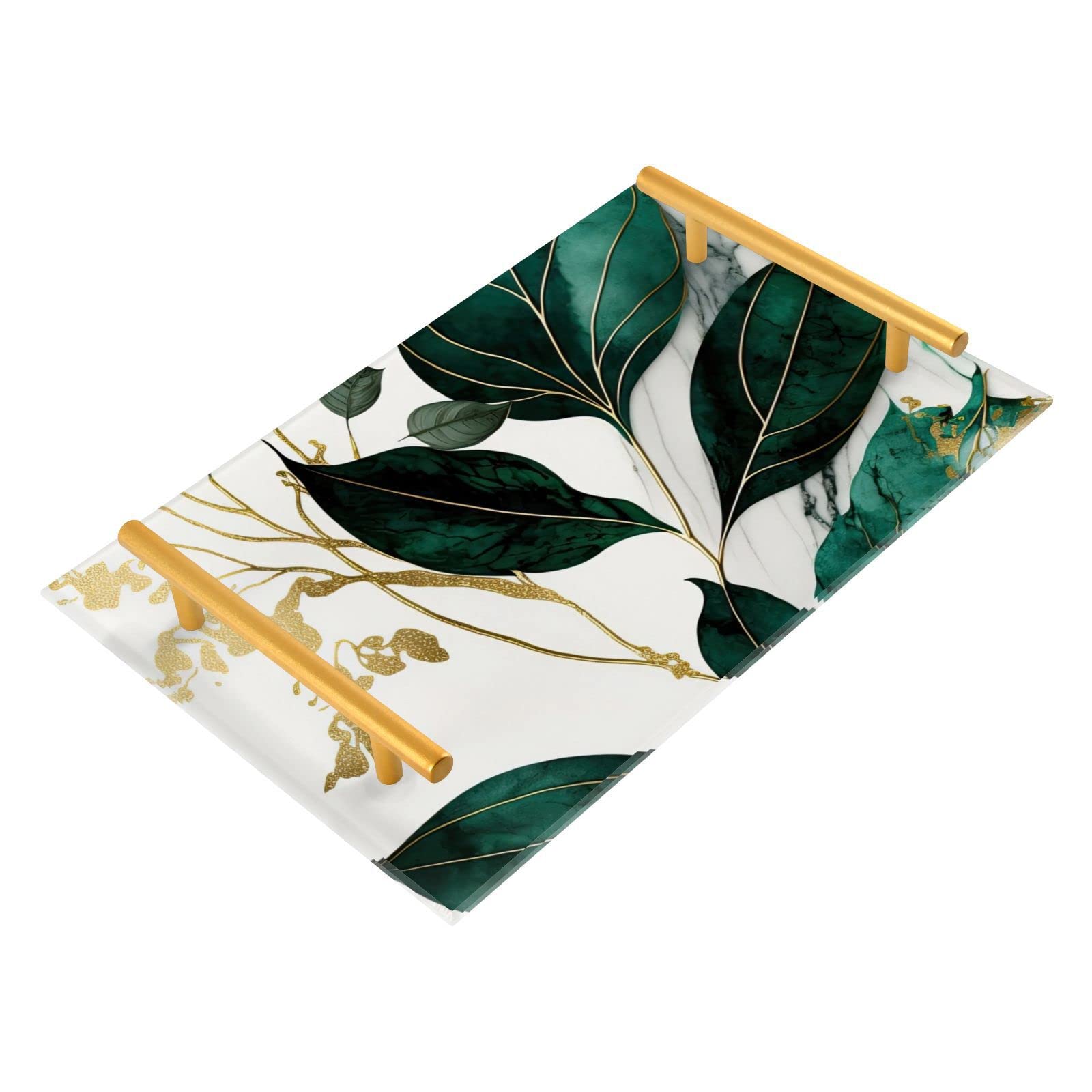 FOLIOSA Vanity Tray Green Leaf Marble Print, Acrylic Decorative Serving Tray Coffee Table Tray with Metal Handles for Bathroom Living Room Bedroom