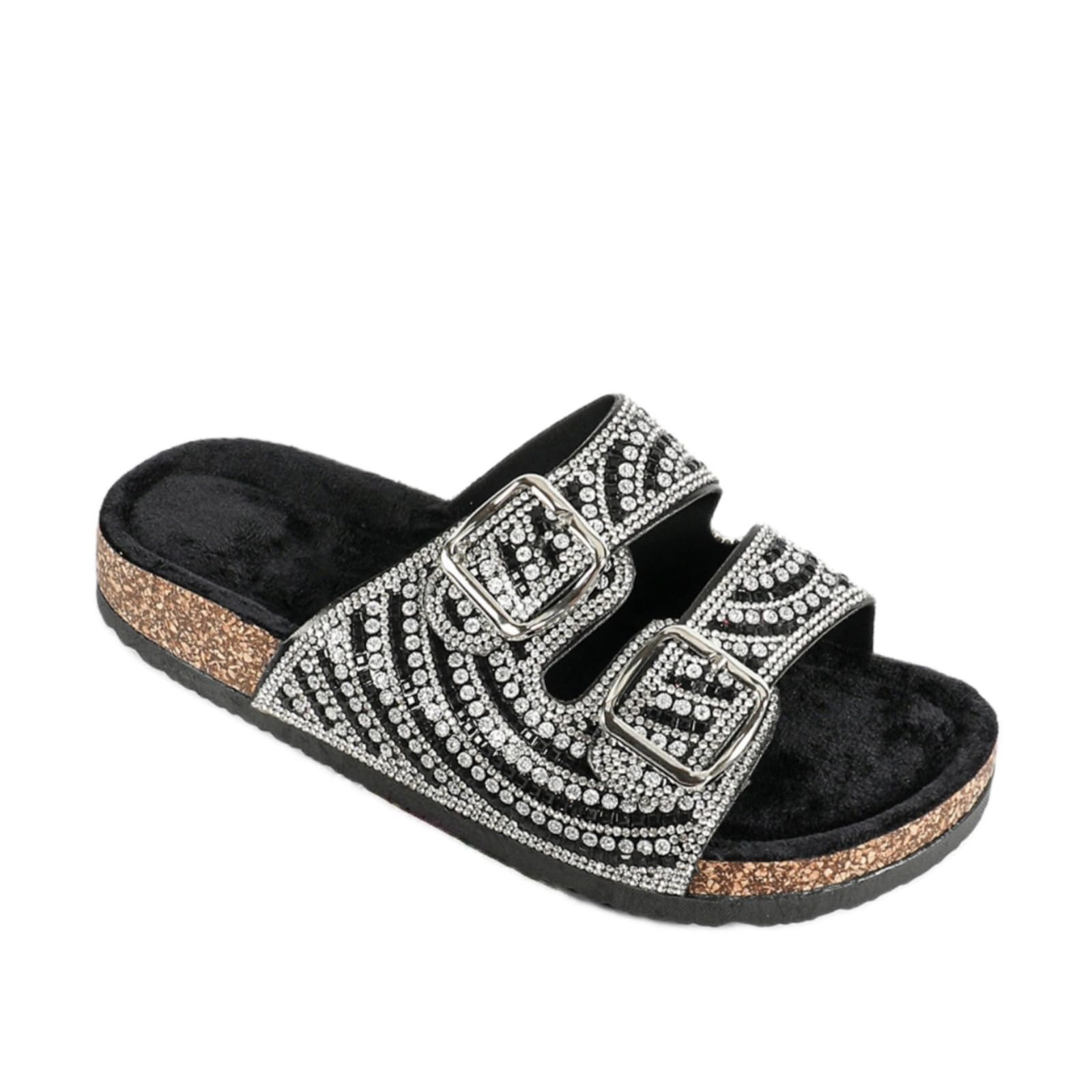 ROULVXIANG Flash Double Button Sandals Leopard Pattern Crystal Rhinestone Decorative Slide Gold Button Women's Slippers Flats