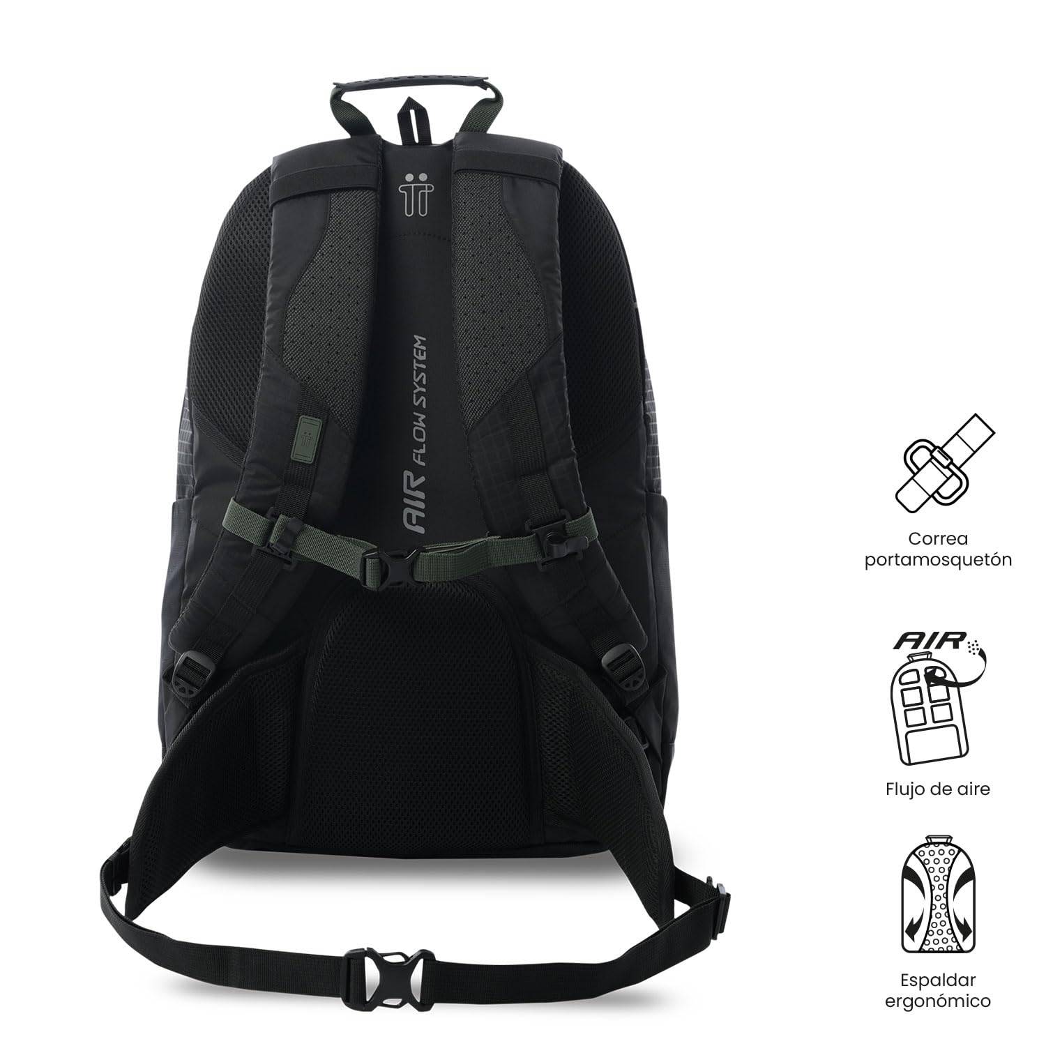 TOTTO - Mochila Senderismo, Modelo Summit 32, Capacidad 35L, Espaldar Acolchado con Flujo de Aire, Detalles Reflectivos, Bolsillo Botella, Bolsa Impermeable, Repelente a Líquidos, Color Negro y Verde