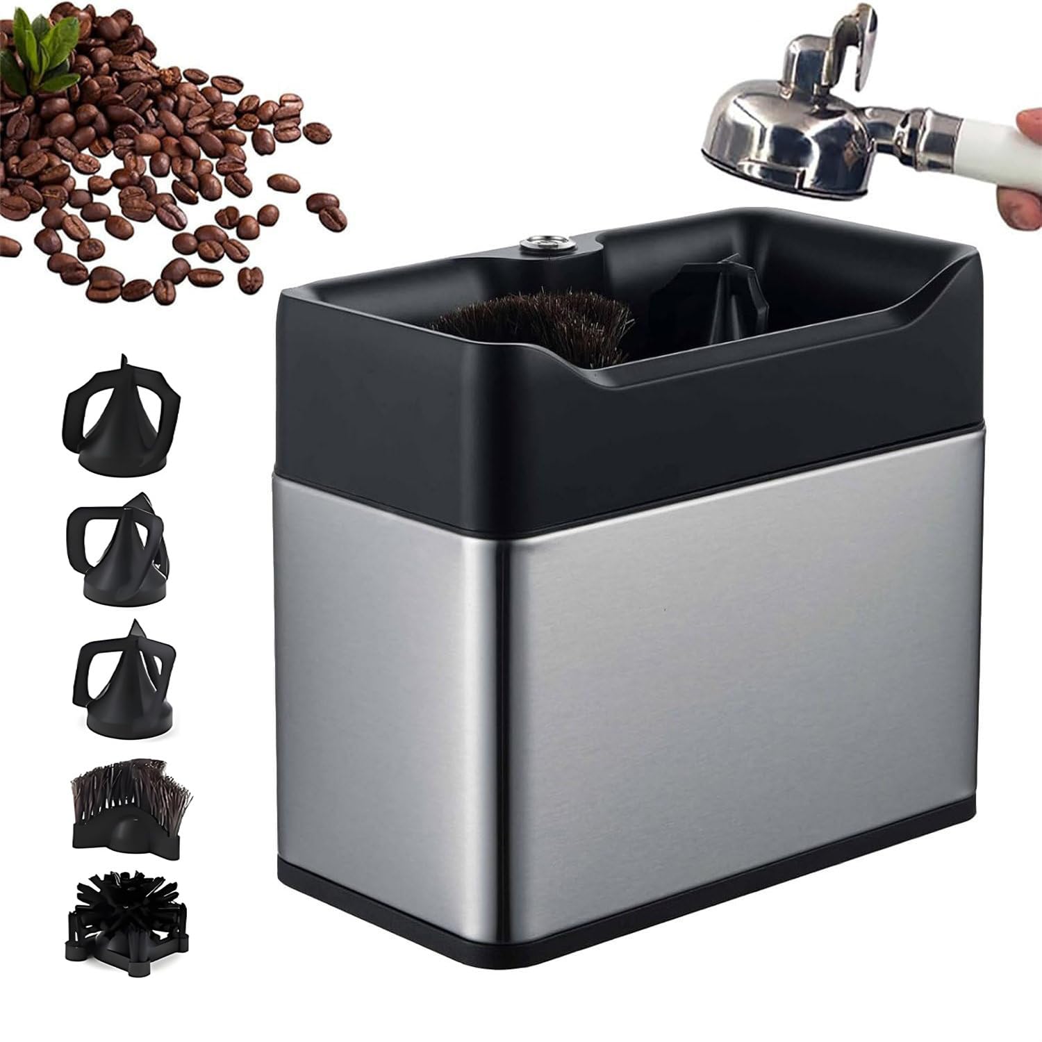 Electric Portafilter Cleaner,Automatic Portafilter Cleaning Machine with 3 scrapers Designed to fit 58mm/51mm Single,and 58mm Double Cup portafilter Baskets for Café,Restaurant,Breakroom,Home Silver
