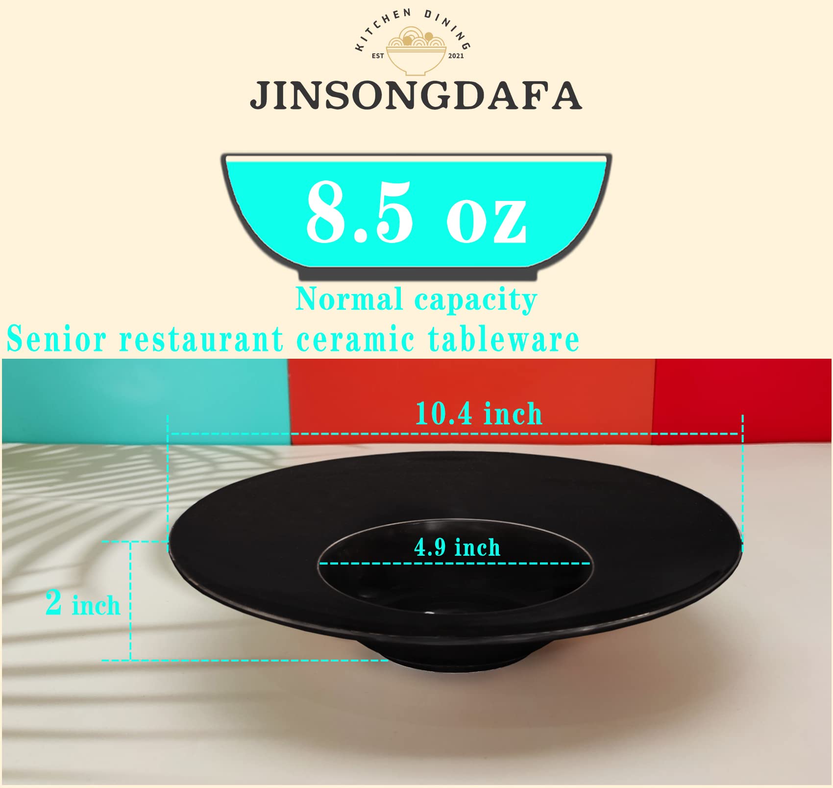 jinsongdafa Soup Bowls, soup plate,8.5 Oz Pasta Bowl Set of 4, Black Shallow Bowl Plates, Porcelain Rimmed Bowls with Rim, best gift (Black 10.4 in Width side soup bowl)