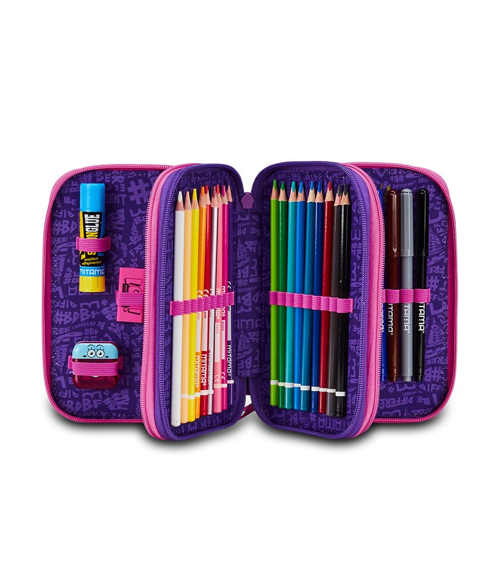 Mitama Astuccio Scuola 3 Scomparti, HEY DYE, Contenuto 47 pz, Completo di Matite, Pennarelli, Portapenne Scuola Elementare Bambina