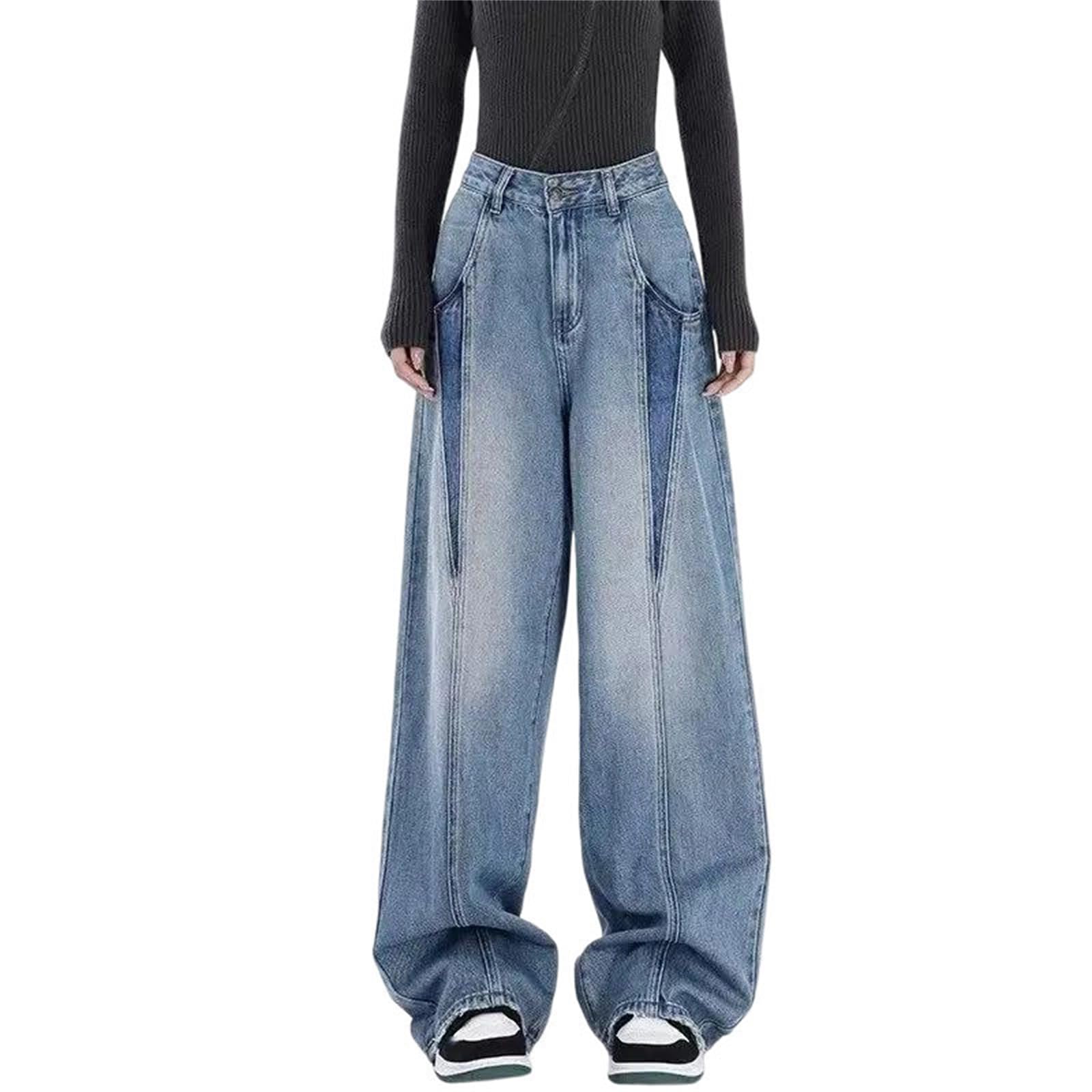 Pantalones vaqueros de pierna ancha para mujer, diseño de retazos, ajuste holgado, rectos, casuales, estilo urbano