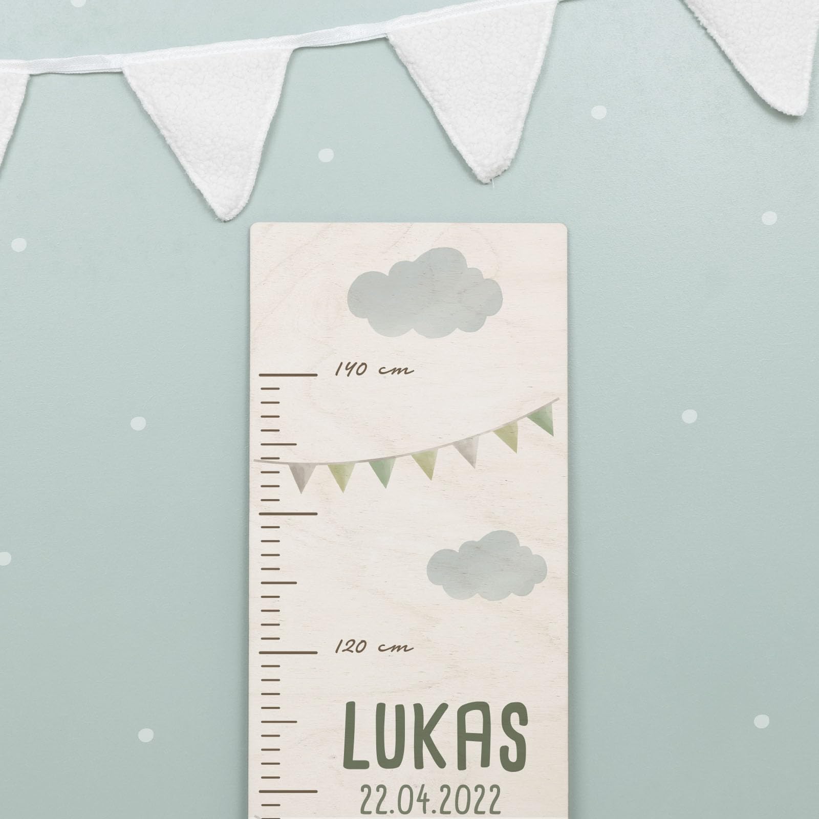 Personalisierte Messlatte für Kinder mit buntem Wunschdruck - 70-140 cm - Größenmesser Kinderzimmer aus Holz - Wand Dekoration Messleiste Kind - Personalisiertes Geschenk Baby (Grüner Dino)
