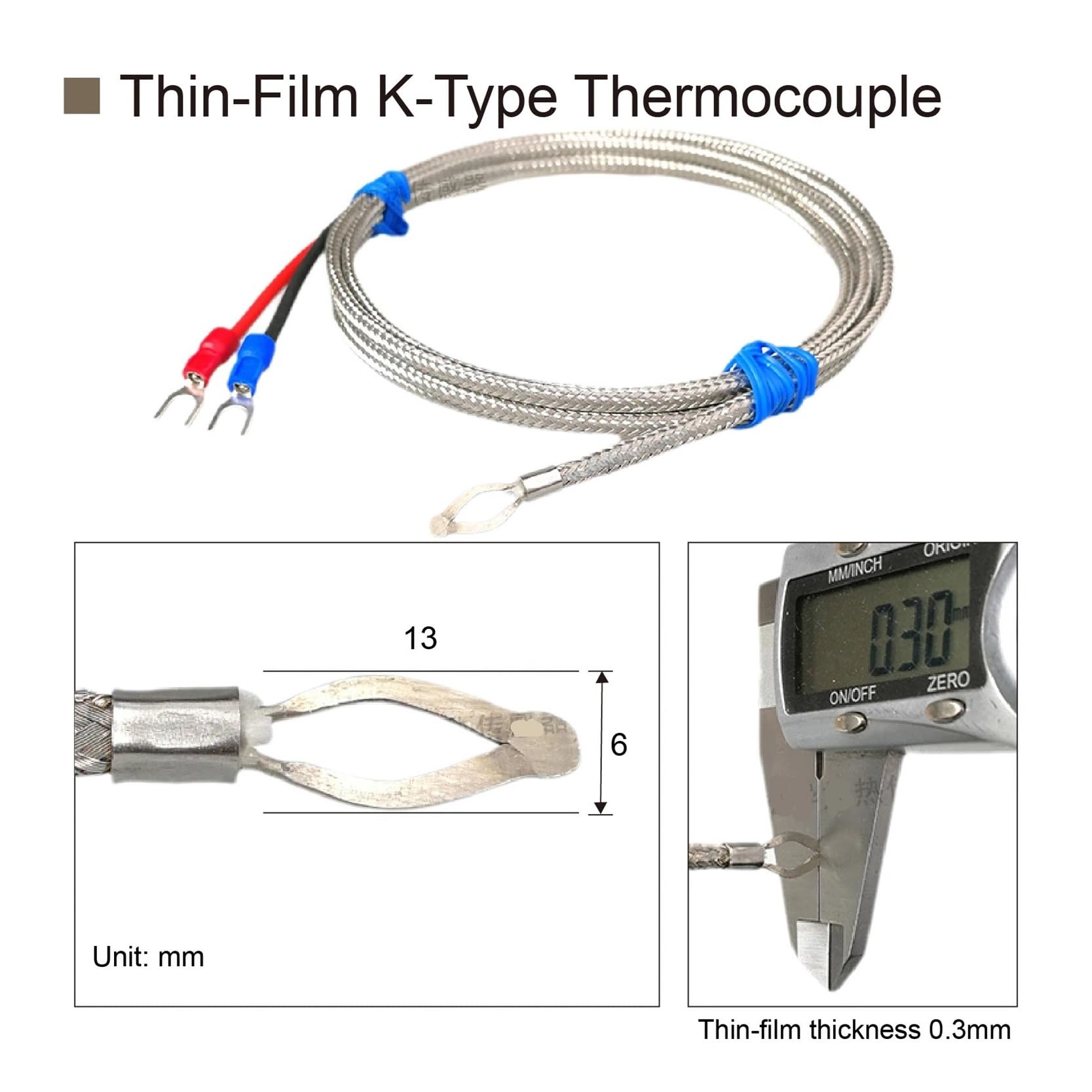 Czujnik temperatury, cienkowarstwowa sonda powierzchniowa termopary typu K o wysokiej temperaturze 1000°C, montaż śrubowy, drut pleciony ze stali nierdzewnej(K thin1.5 m)