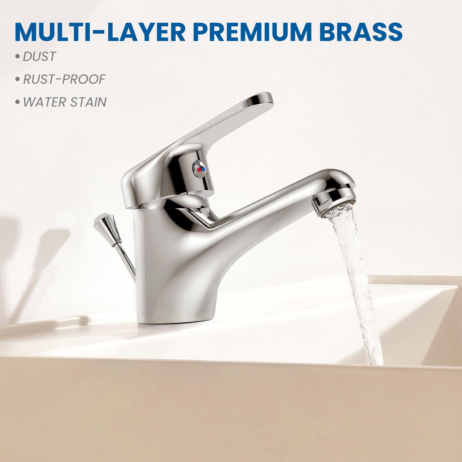 Auralum Mitigeur Lavabo Monotrou avec Bonde à Tirette, Robinet Salle de Bain Chromé en Laiton, Cartouche Céramique Mousseur Démontable