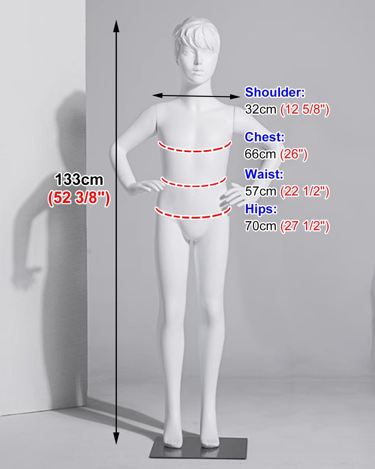 Biały manekin na całe ciało dla dzieci i młodzieży, idealny do sprzedaży odzieży. Model z włókna szklanego, idealny do sklepów i salonów (133 cm/52 3/8 "szerokości).