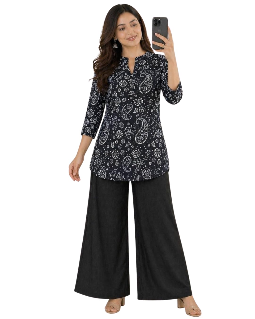 Women’s Rayon Slub Printed top with pants Set Digital Print Top with Matching Rayon Plazo Pants Stylish Wear for Office, Casual & Daily Use (IN, Alpha, M, sonpari-1,black Mango)-picture-28
