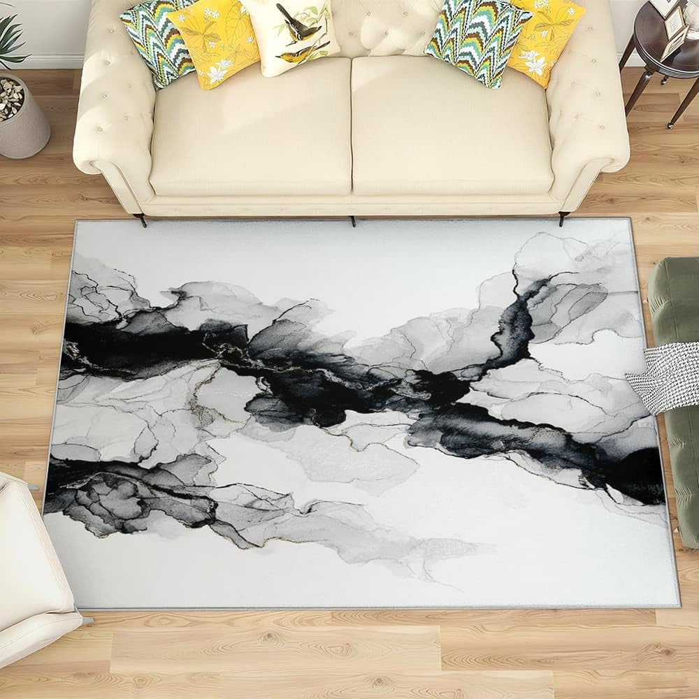 Genérico Flanelowe antypoślizgowe dywaniki do pokoju 160 x 230 cm chiński płynny atrament miękki dywan nieblaknący, czarno-białe dywany do wnętrz do salonu, sypialni, jadalni
