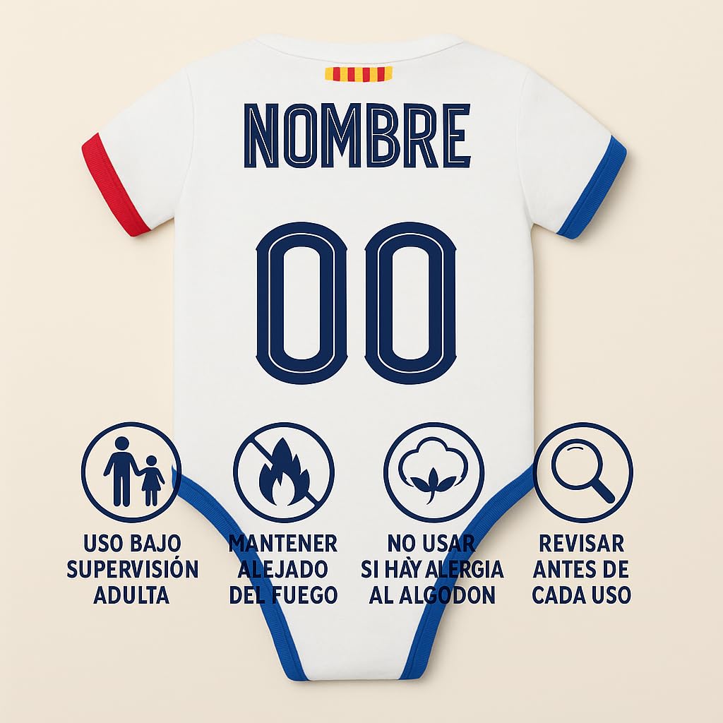 Genérico Body Bebé F.C.B 2ª Equipación - PERSONALIZABLE | Temporada 23/24 | Blanco con detalles azul y rojo | Personalizable con nombre y dorsal | Algodón suave