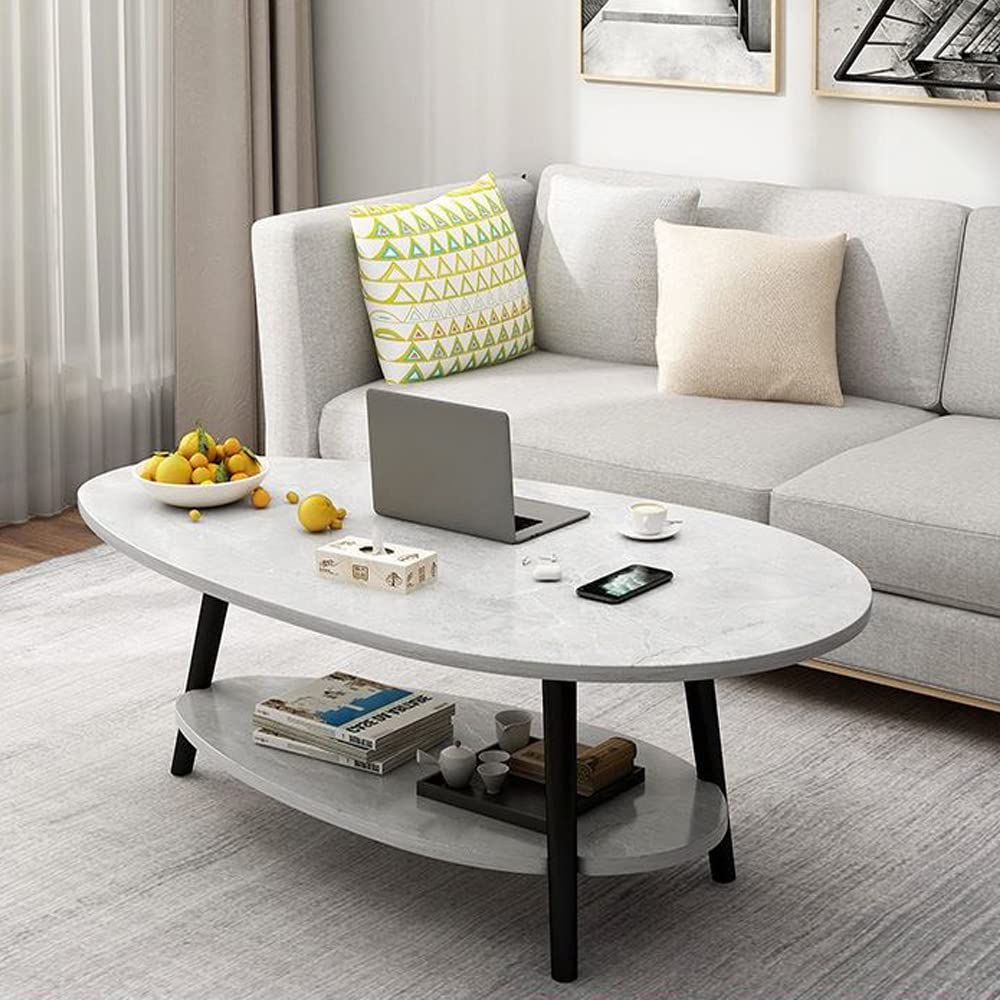 DUSALA Coffee Table-Oval Wood Coffee Table with Open Shelving for Storage and Display 2 Tier Sofa Table, Small Modern Furniture for Living Room&Home (Marble Black)