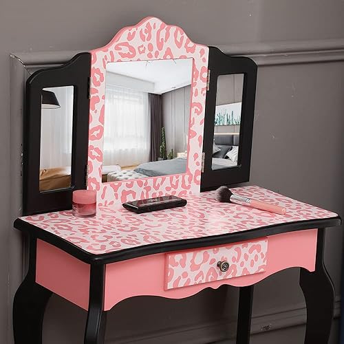 Miniatura 14 de Juego de mesa de tocador y taburete de madera para niños, estación de tocador de maquillaje con espejo desmontable de tres pliegues y cajón