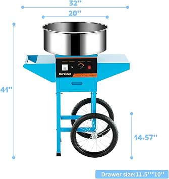 Electric Cotton Candy Machine with Cart, 1000W Cotton Candy Maker, Commercial Candy Floss Maker with Wheels and 21Inch Stainless Steel Bowl, Blue