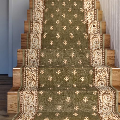 Well Woven Custom Size Hallway & Stair Runner - Barclay Fleur de Lis Green 27 Inches Wide x 20 Feet Long Runner (27