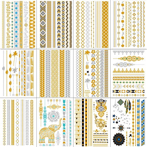WYUEN 12 PCS Metallic Henna Tattoos Temporary Tattoo Sticker for Women Fashion Body Art Waterproof Hand Fake Tatoo 21X15cm (FW12-33)