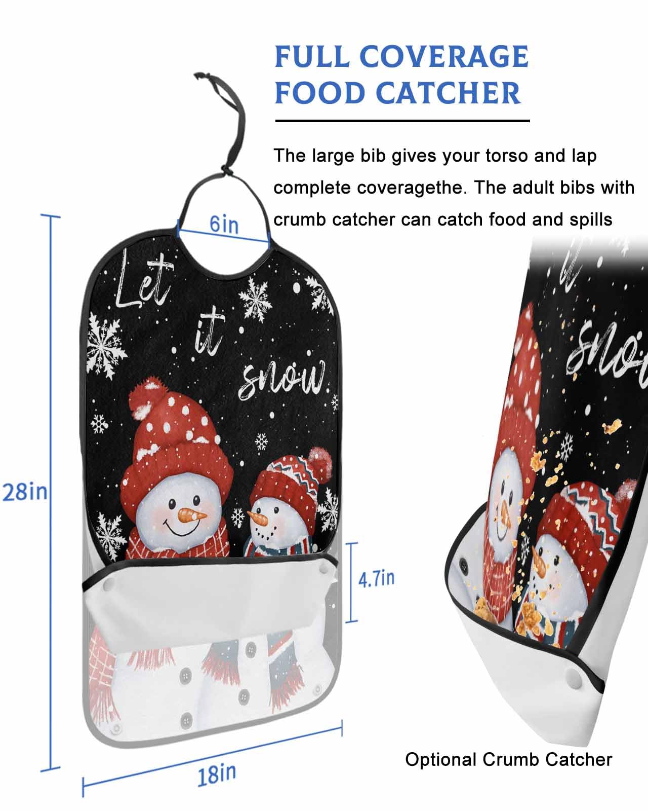 Christmas Adult Bibs for Eating, Merry Christmas Snowman Snowflakes Black Washable Elderly Adult Bibs for Men Women Large Reusable Adjustable Clothing Protector with Optional Crumb Catcher