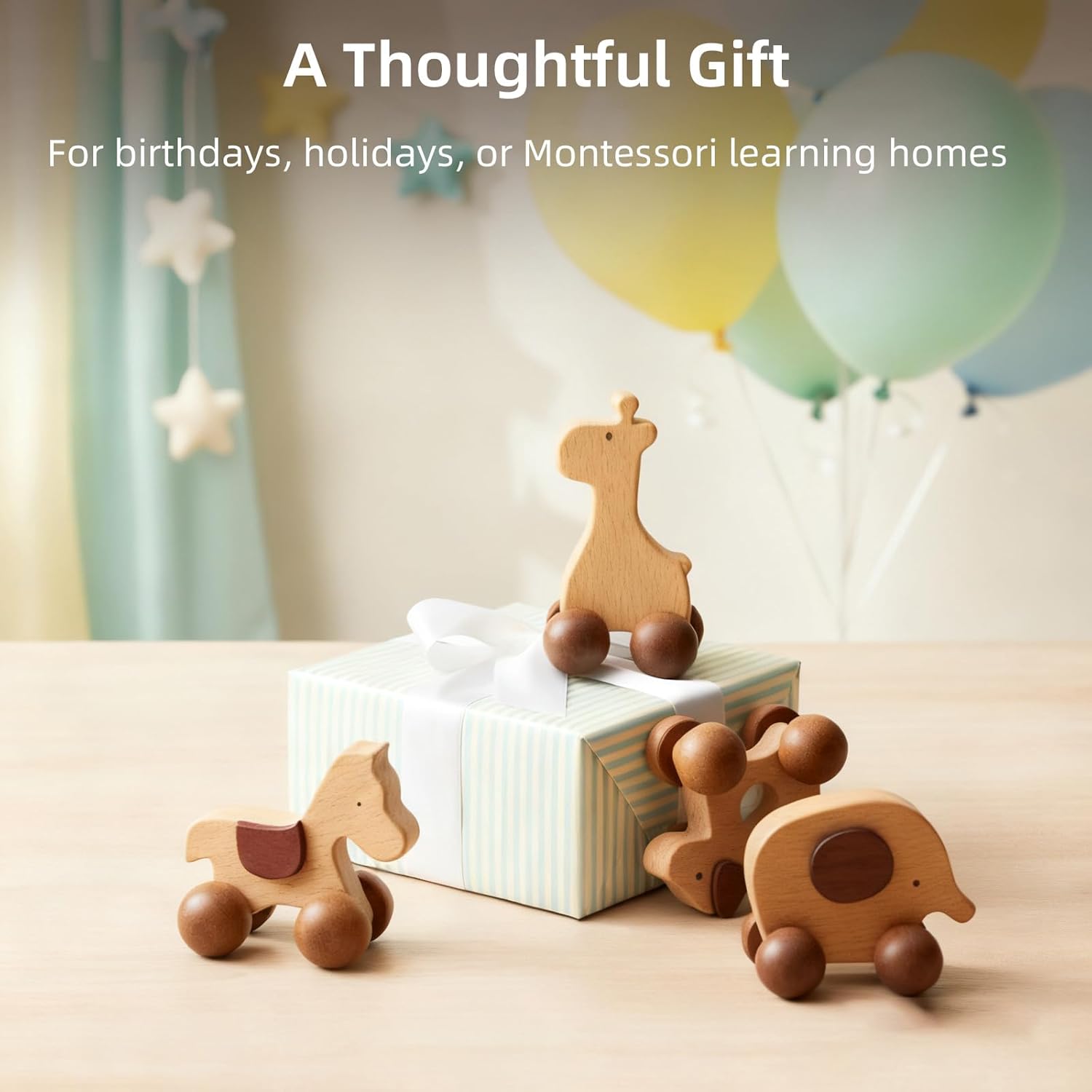 Wooden Animal Push Car Set, 4PCS Solid Hardwood Toy Vehicles for Toddlers & Kids 3+ | Natural Wood Animal Cars (Puppy, Elephant, Pony, Giraffe) | No Paint, Hand-Sanded, Gift-Ready